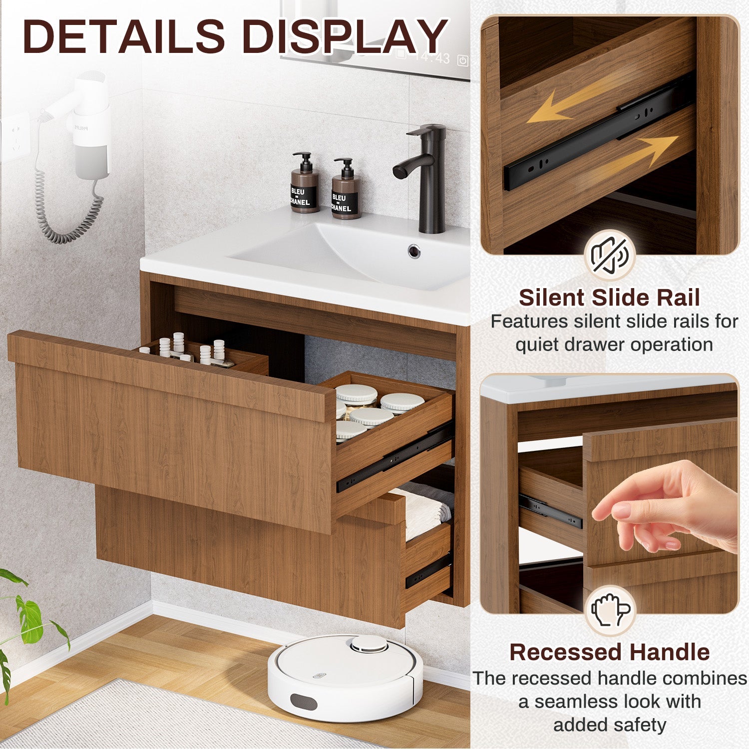 HOMREST 24 Inch Bathroom Vanity with Sink, Floating Bathroom Vanity with 2 Large Storage Drawers, Wood Grain Wall Mounted Bathroom Cabinet,  Brown