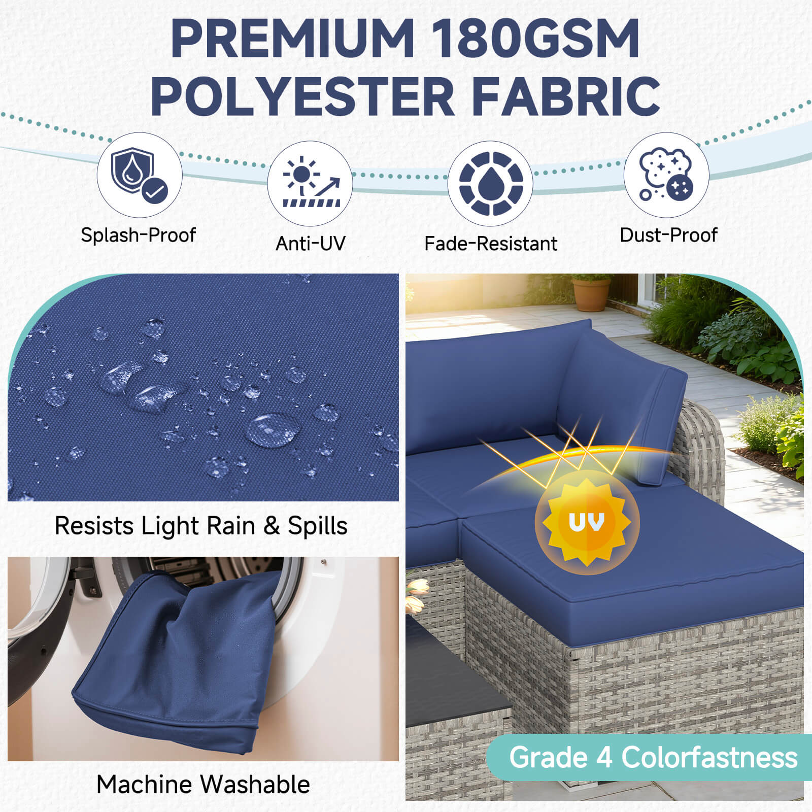 HOMREST 9-Piece Outdoor Sectional Cushions for 4-Seat Sofa, Waterproof Deep Seat w/ Non-Slip & Machine Washable Covers, Navy Blue
