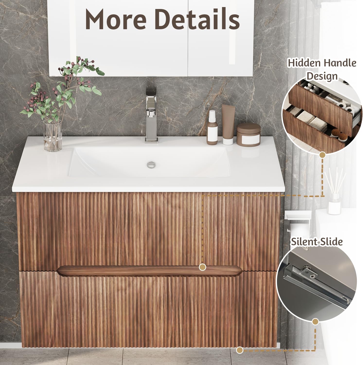 HOMREST 30 Inch Bathroom Vanity with Sink, Floating Bathroom Vanity with Ceramic Basin, Wall Mounted Bathroom Sink Cabinet Set with Soft-Close 2 Drawers, Faucet & Pop Up Drain, Walnut