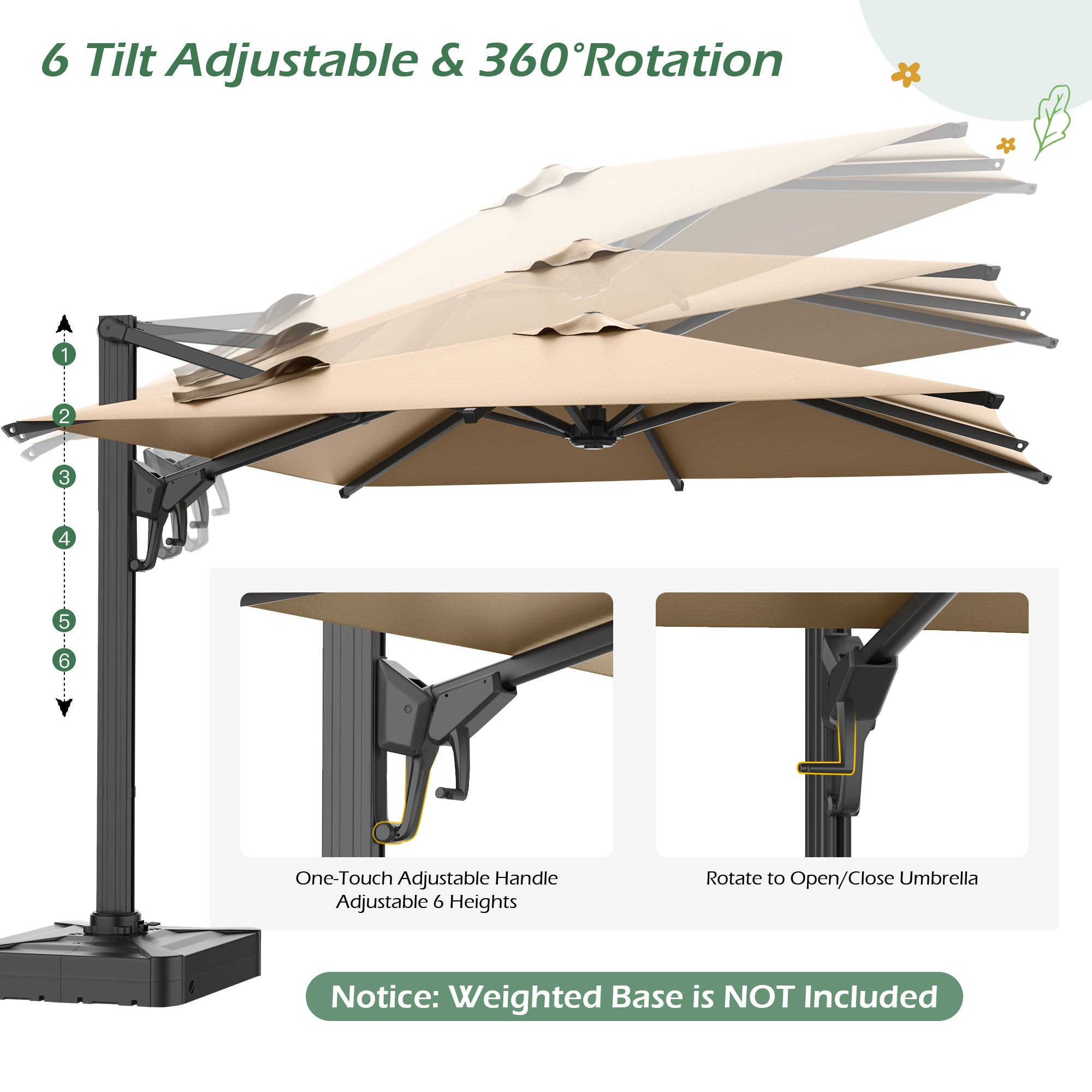 HOMREST 10x10ft Large Rectangular Cantilever Umbrella with 360° Rotation & 6 Adjustable Heights, Brown (Base Excluded)