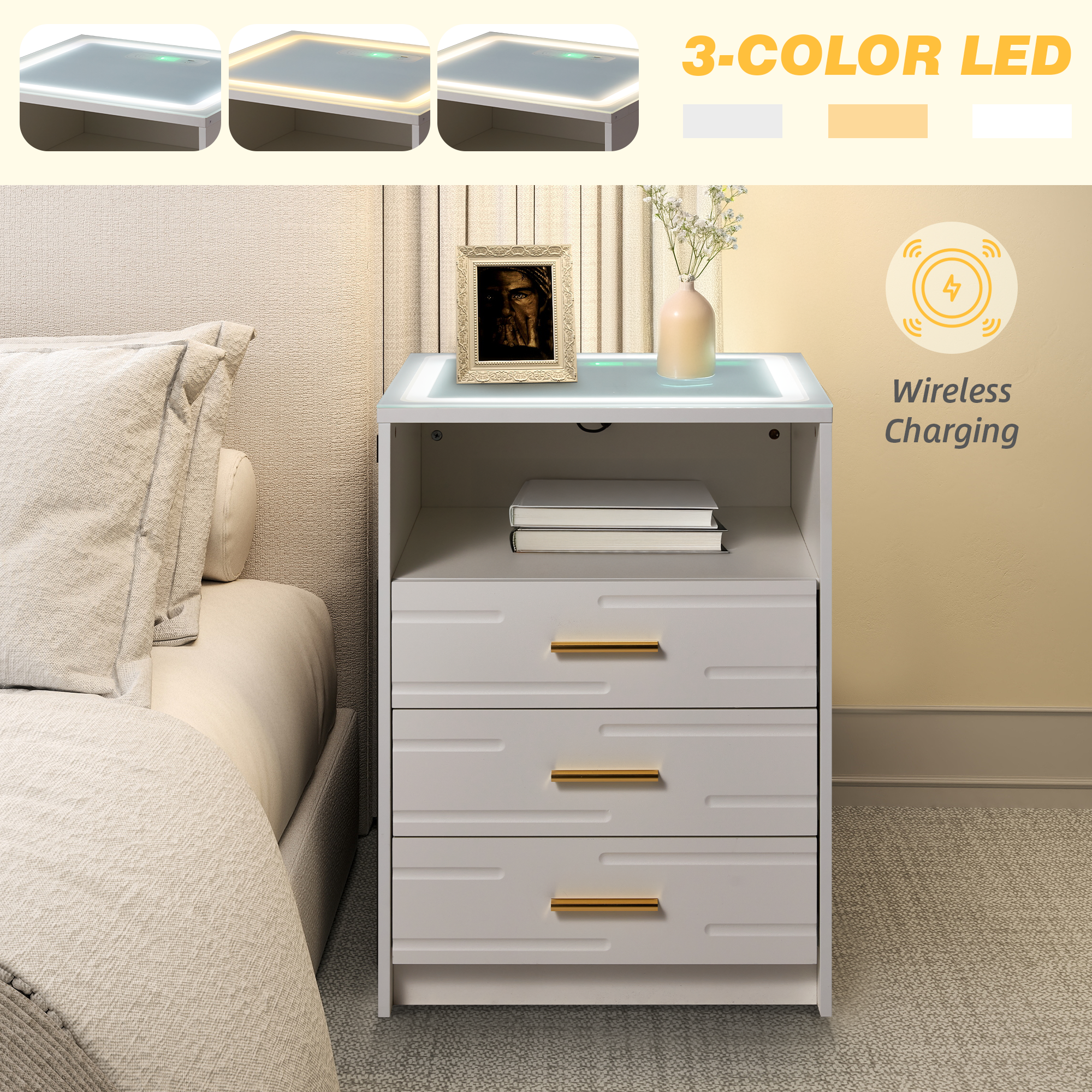 HOMREST LED Nightstand with Wireless Charging, Smart Bedside Table with Drawers & Adjustable LED Lights, White