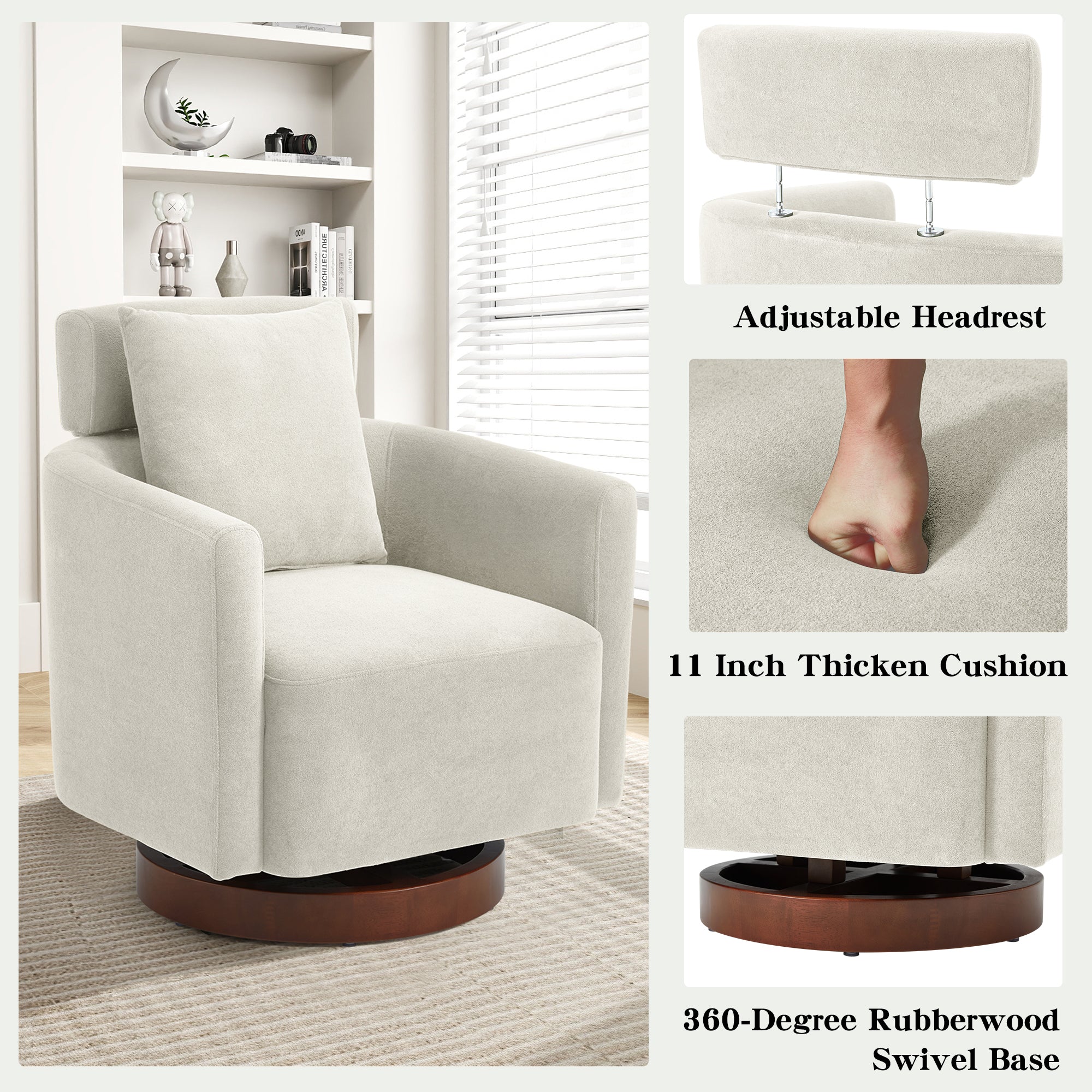 HOMREST Swivel Accent Chair, Ergonomic Adjustable Backrest Barrel Chair with 360° Rotation, Thick Velvet Cushion and Solid Wood Frame, Beige for Living Room, Bedroom, Office