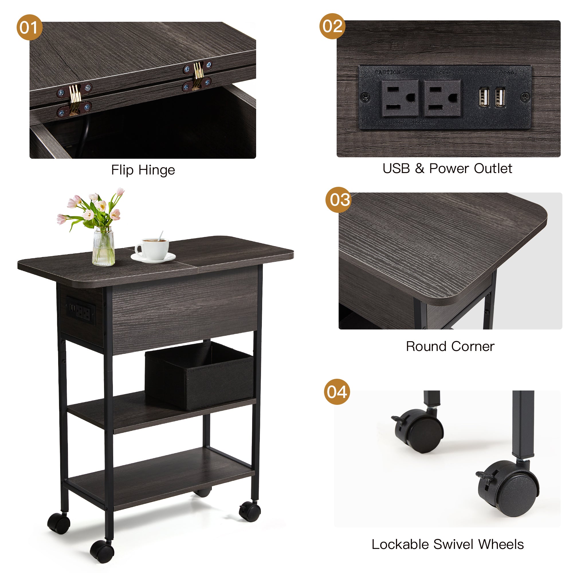 HOMREST Multi-Functional Flip Side Table, 360° Swivel Wheels & Storage Shelf for Living Room/Bedroom, Rustic Brown Wood End Table, Gray