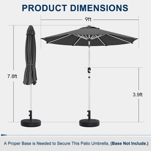 Homrest 9FT Aluminum Patio Umbrella, Fade-Resistant with Push Tilt, 8 Sturdy Aluminum Ribs Grey
