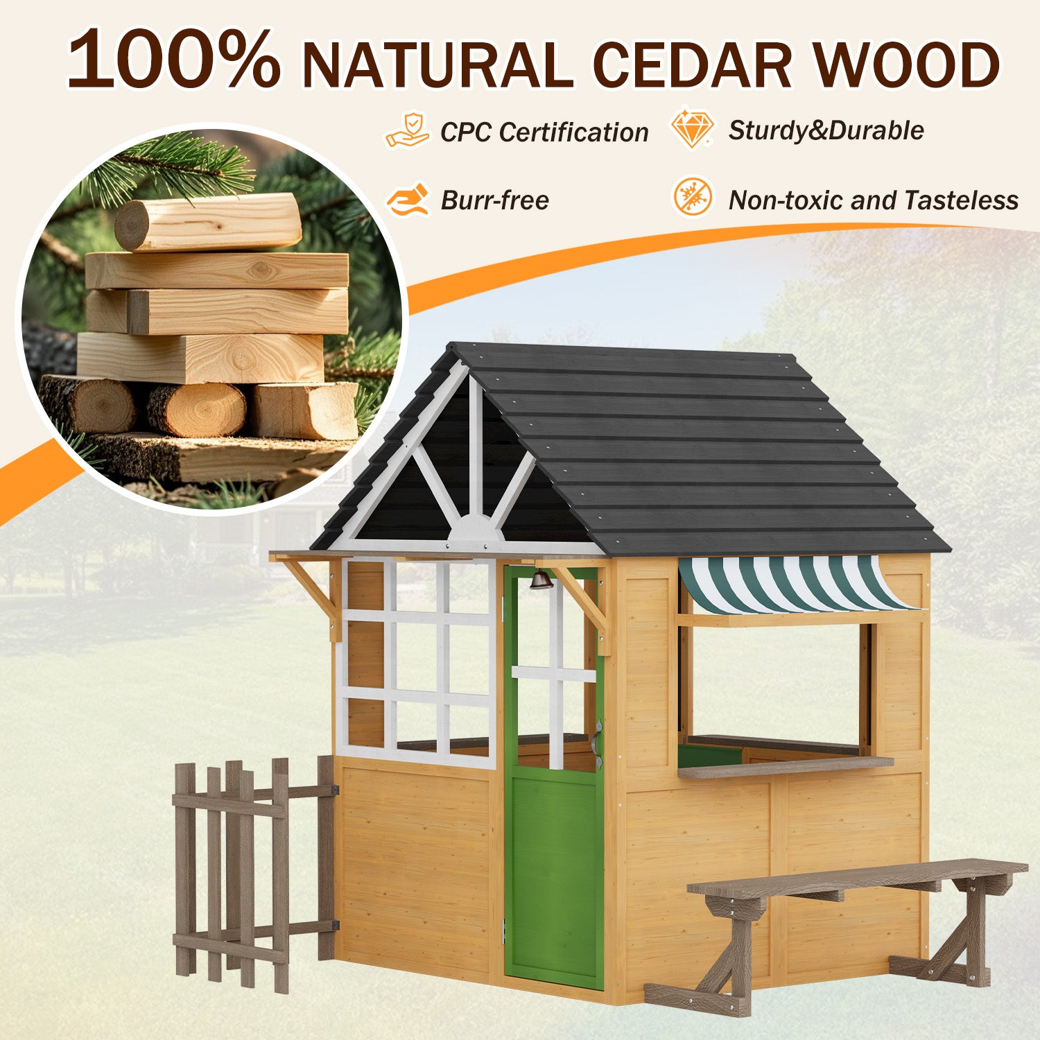 HOMREST Outdoor Play House for Kids, Wooden Kids Playhouse with Kitchen Toys, Blackboard,Chalks,Eraser,Magnetic Door, Bench, Foldable Sunshade Canopy,Bell, Pet Hole, Clock,Wood Color