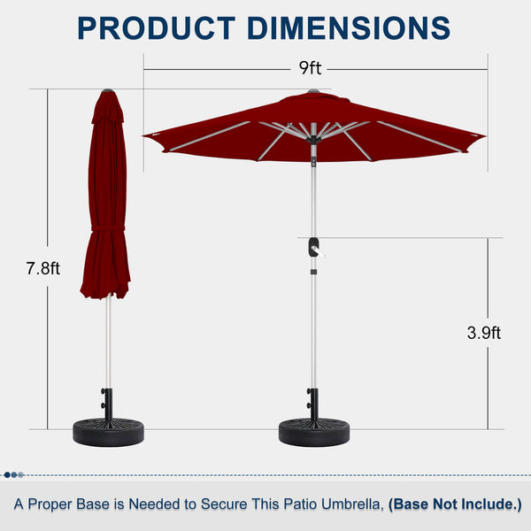 Homrest 9FT Aluminum Patio Umbrella, Fade-Resistant with Push Tilt, 8 Sturdy Aluminum Ribs Burgundy