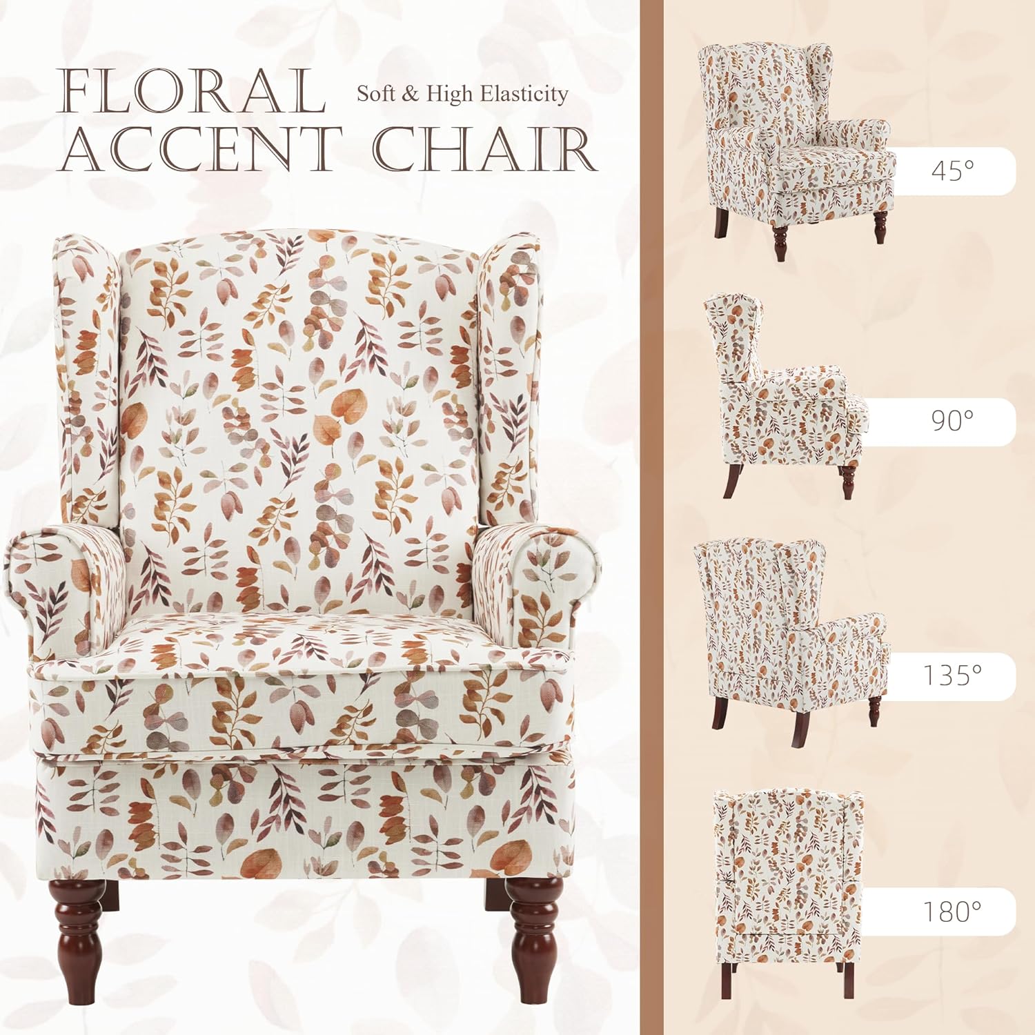 HOMREST Fabric Accent Chair, Modern Upholstered Armchair, Orange Leaves