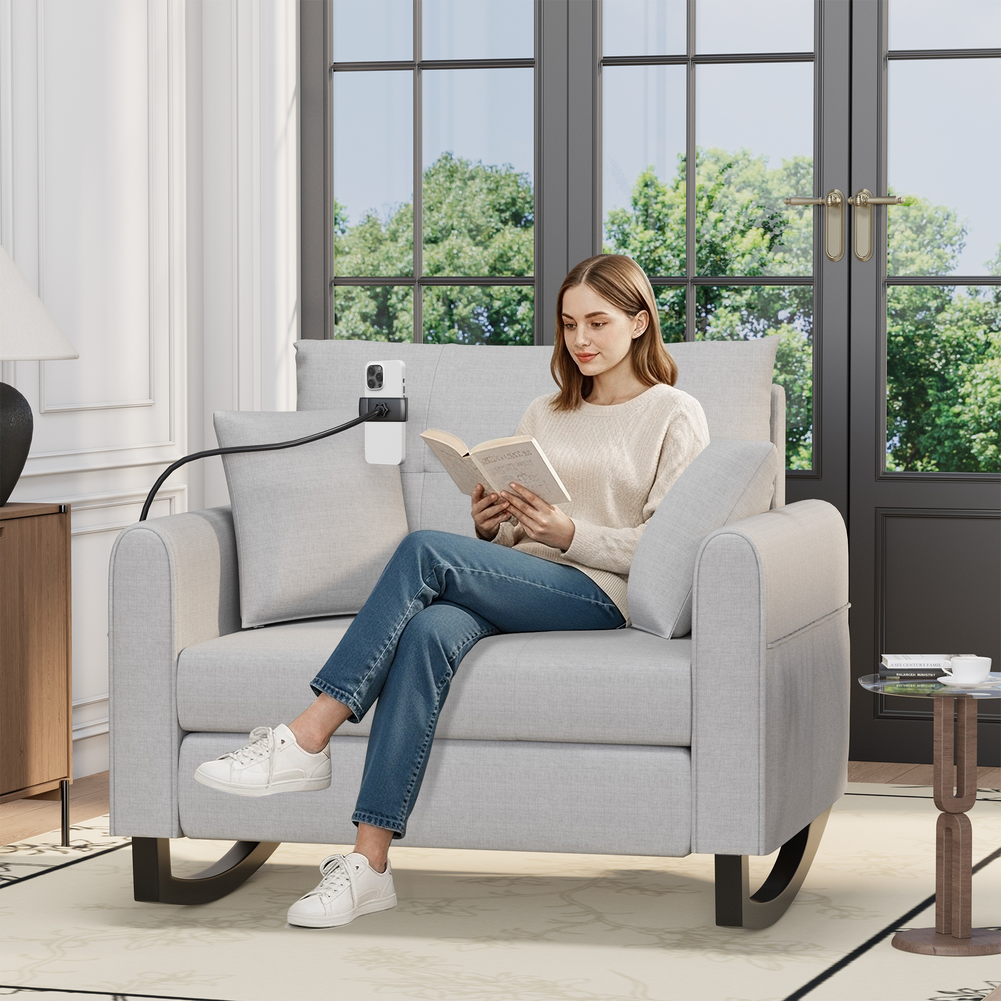HOMREST Upholstered Oversize Rocking Chair with Adjustable Phone Handle, Nursery Rocking Chair with High Back and Side Pocket USB Port, Double Wide Rocker for Living Room, Bedroom, Nursery, Gray