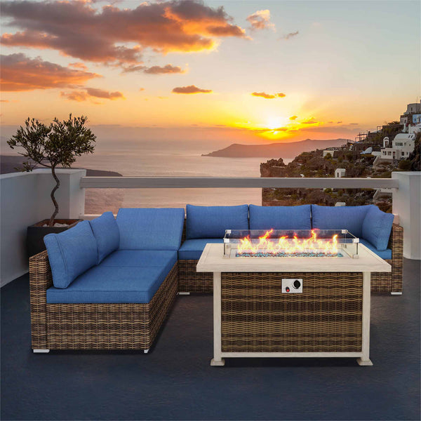 Patio Conversation Set with 44 in Auto-Ignition Propane Fire Pit with Aluminum Table Top and Glass Wind Guard for Christmas Party and Decoration, Brown