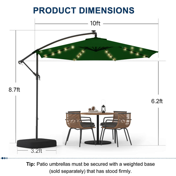 Homrest 10ft Solar Lighted Patio Umbrella with Base, Outdoor Cantilever Umbrella, Infinite Tilt, Green
