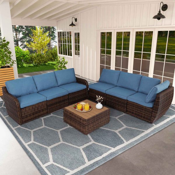 Homrest 7 pieces patio sofa set, rattan wicker sectional sofa set with coffee table for poolside, backyard, blue