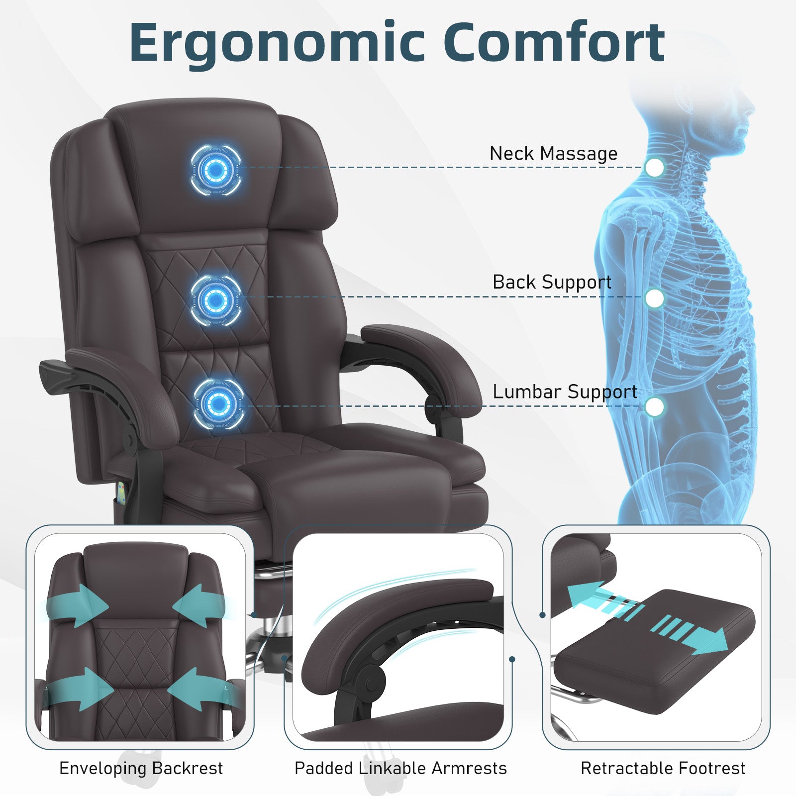 HOMREST 6-Point Massage Office Chair with Heat, Ergonomic Reclining Desk Chair with Footrest, PU Leather Executive Chairs for Home Office, Massaging Computer Chair Gift for Men, Brown