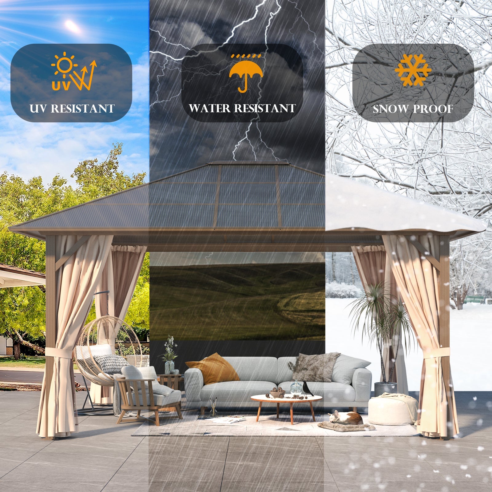 Homrest 12'x14' Hardtop Gazebo, Outdoor Polycarbonate Roof Canopy, Aluminum Frame Permanent Pavilion with Curtains and Netting