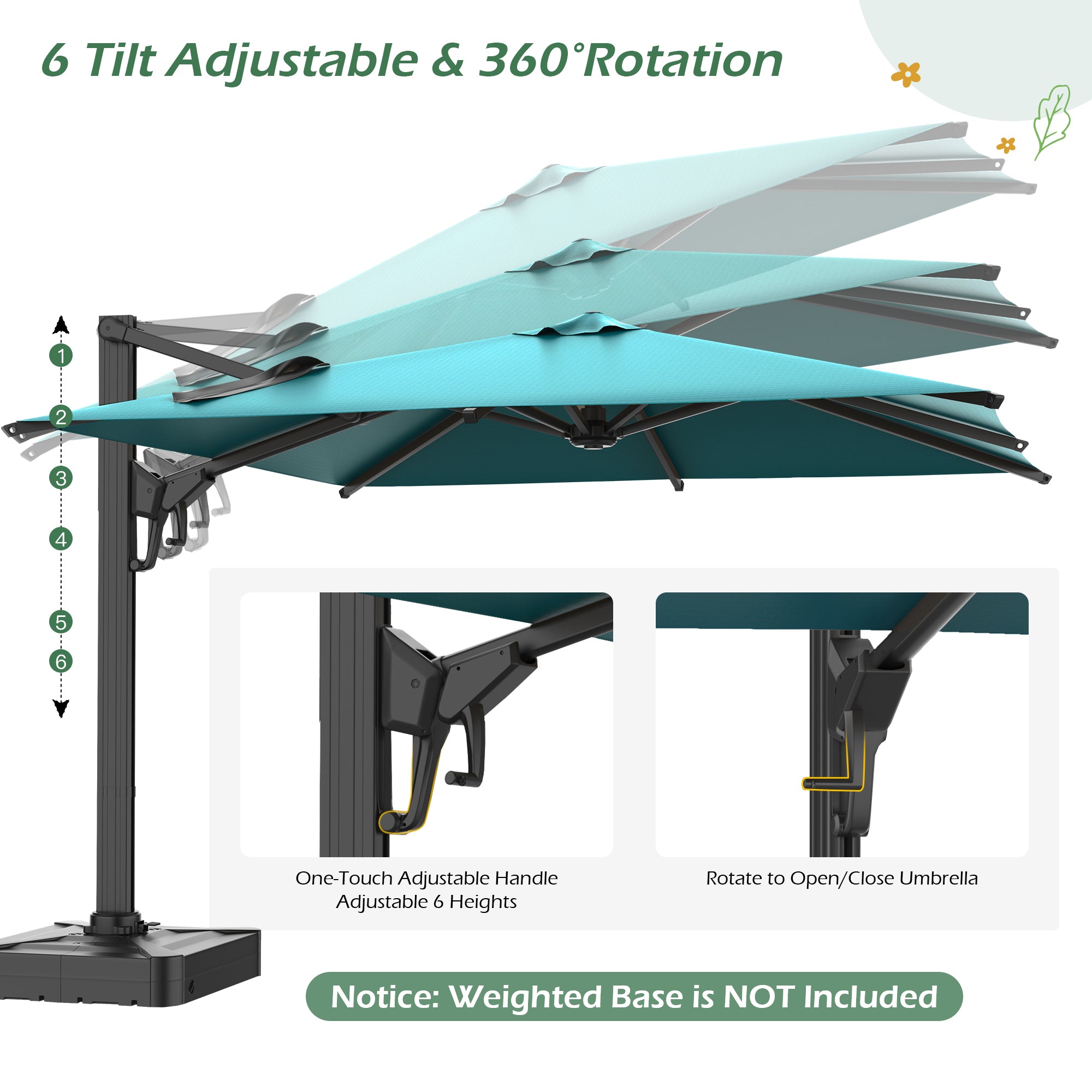 HOMREST 10x10ft Large Rectangular Cantilever Umbrella with 360° Rotation & 6 Adjustable Heights, Blue (Base Excluded)