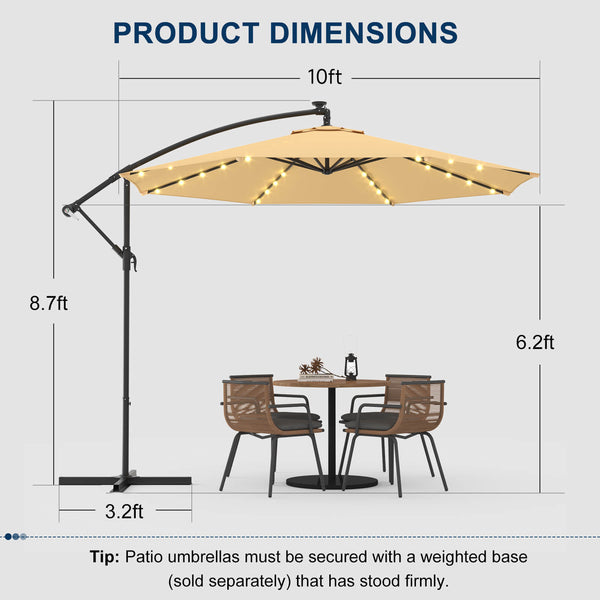 Homrest 10ft Solar Lighted Patio Umbrella, Infinite Tilt, Crank and Cross Base, Beige