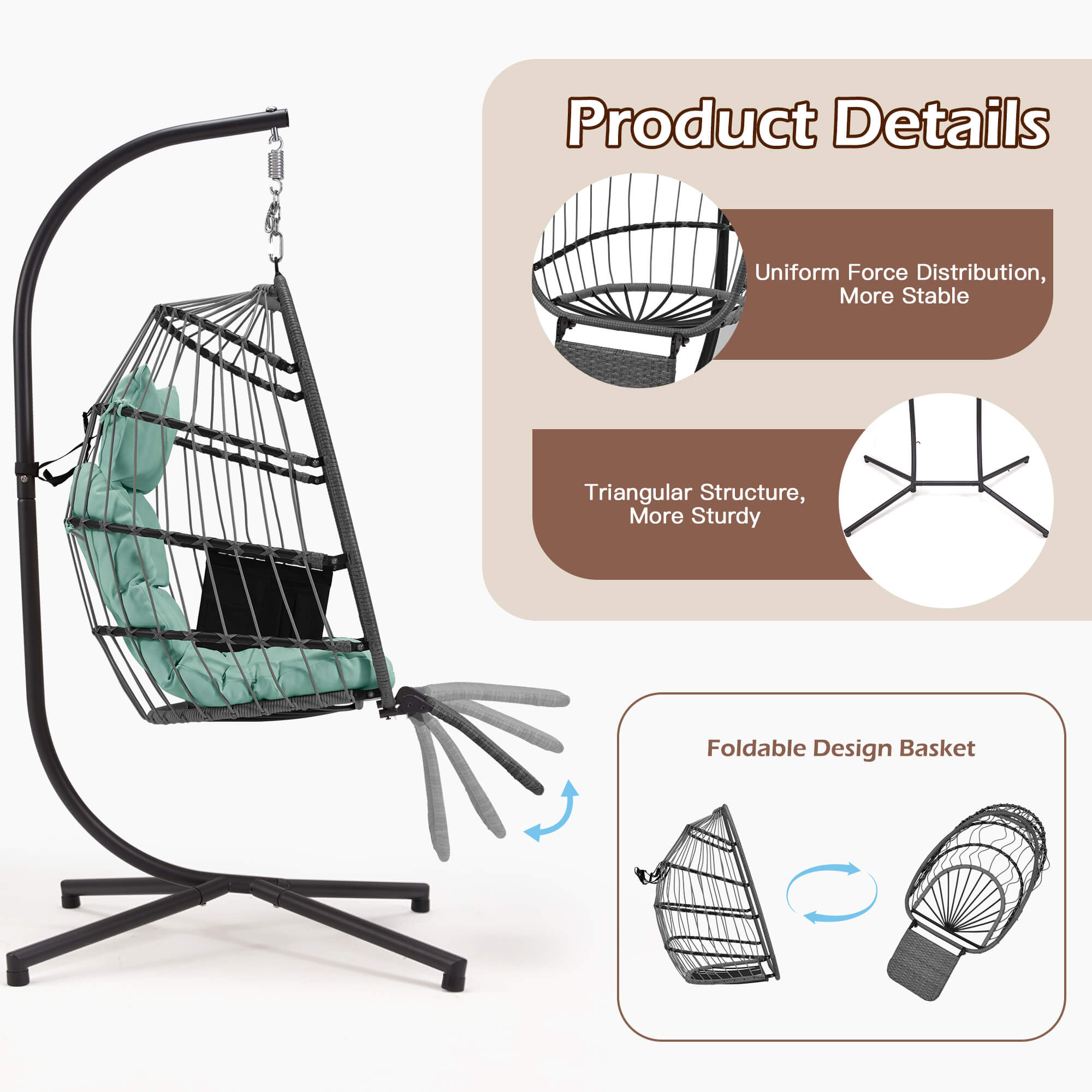 HOMREST Hanging Egg Chair with Stand & Removable Leg Rest, Hammock Chair for Patio, Bedroom, Light Green/Gray