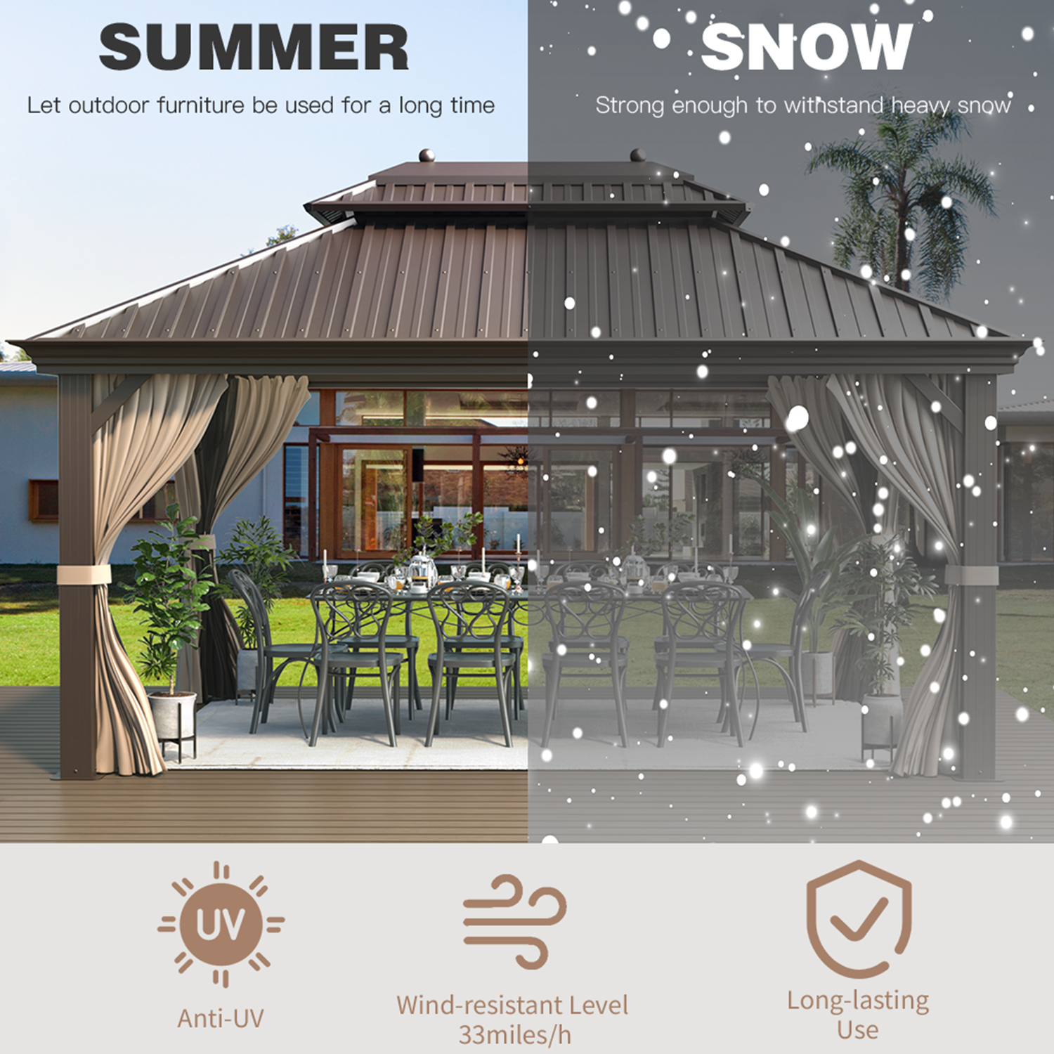 Homrest 12'x16' Hardtop Gazebo Galvanized Steel Double-Roof Pergola w/ Netting Curtain - Homrest