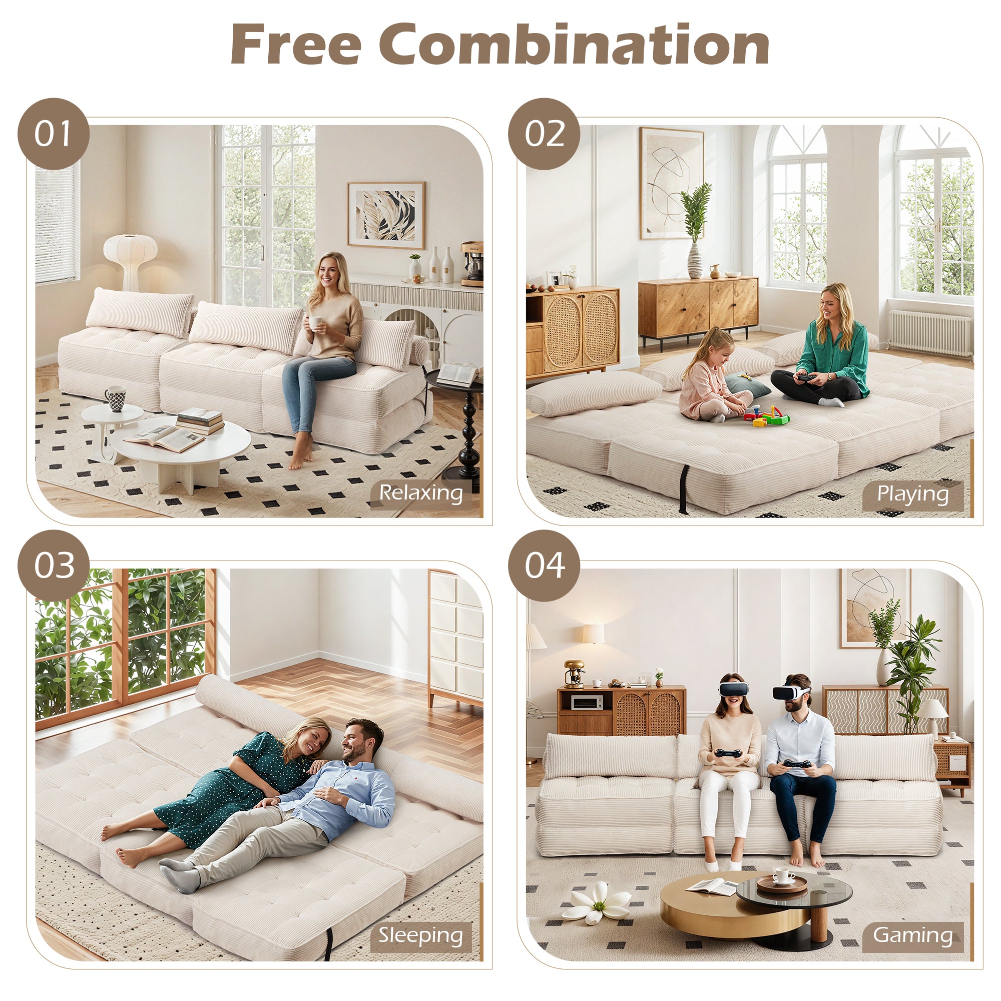 HOMREST 3-Piece Modular Sectional Sofa, Convertible Lounge Set – Foldable Couch Bed, Beige