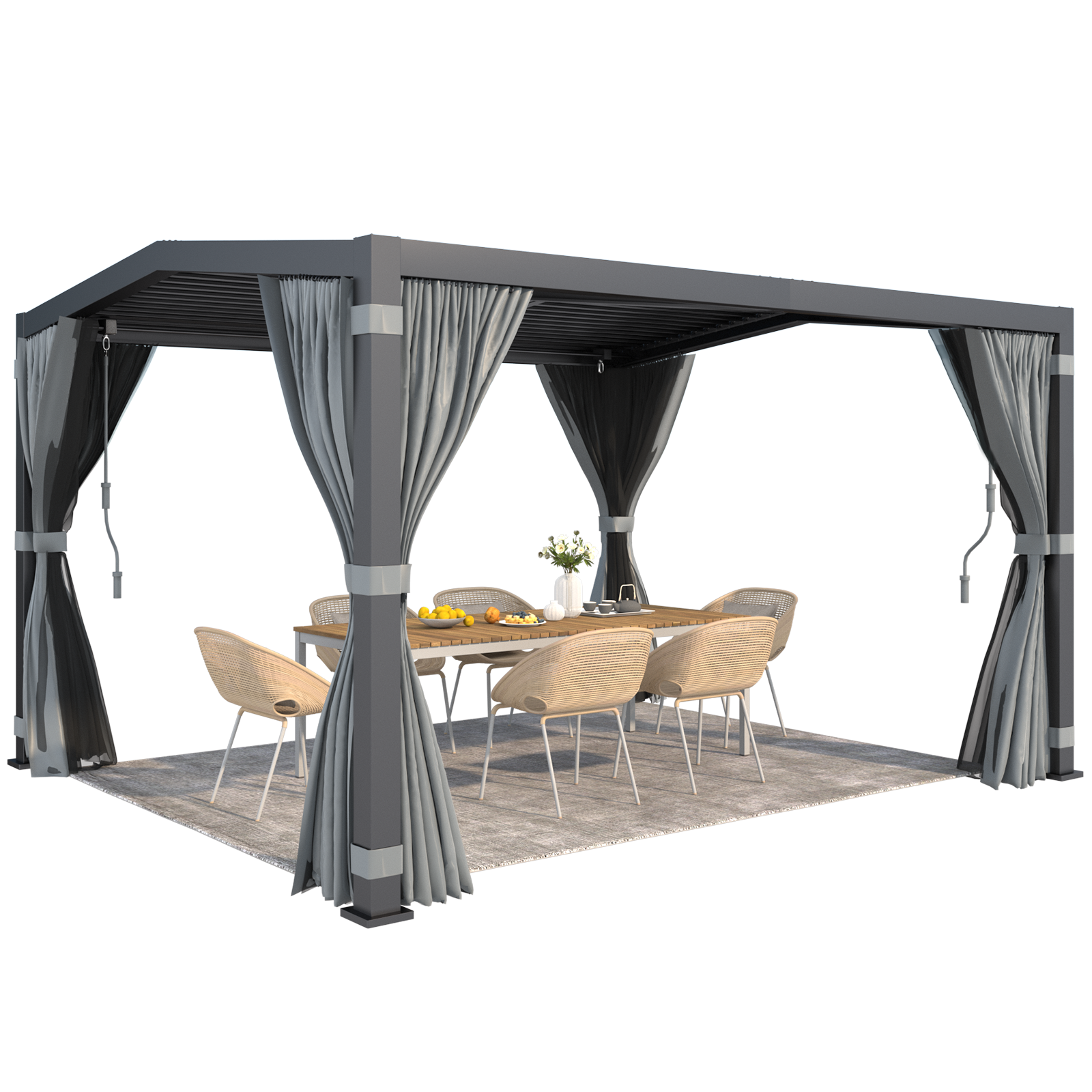 HOMREST Louvered Pergola 11x13 Outdoor Hard Top Pergola with Aluminum Frame and Adjustable Metal Rainproof Roof for Garden & Patio, Curtains and Netting Included, Gray-Black