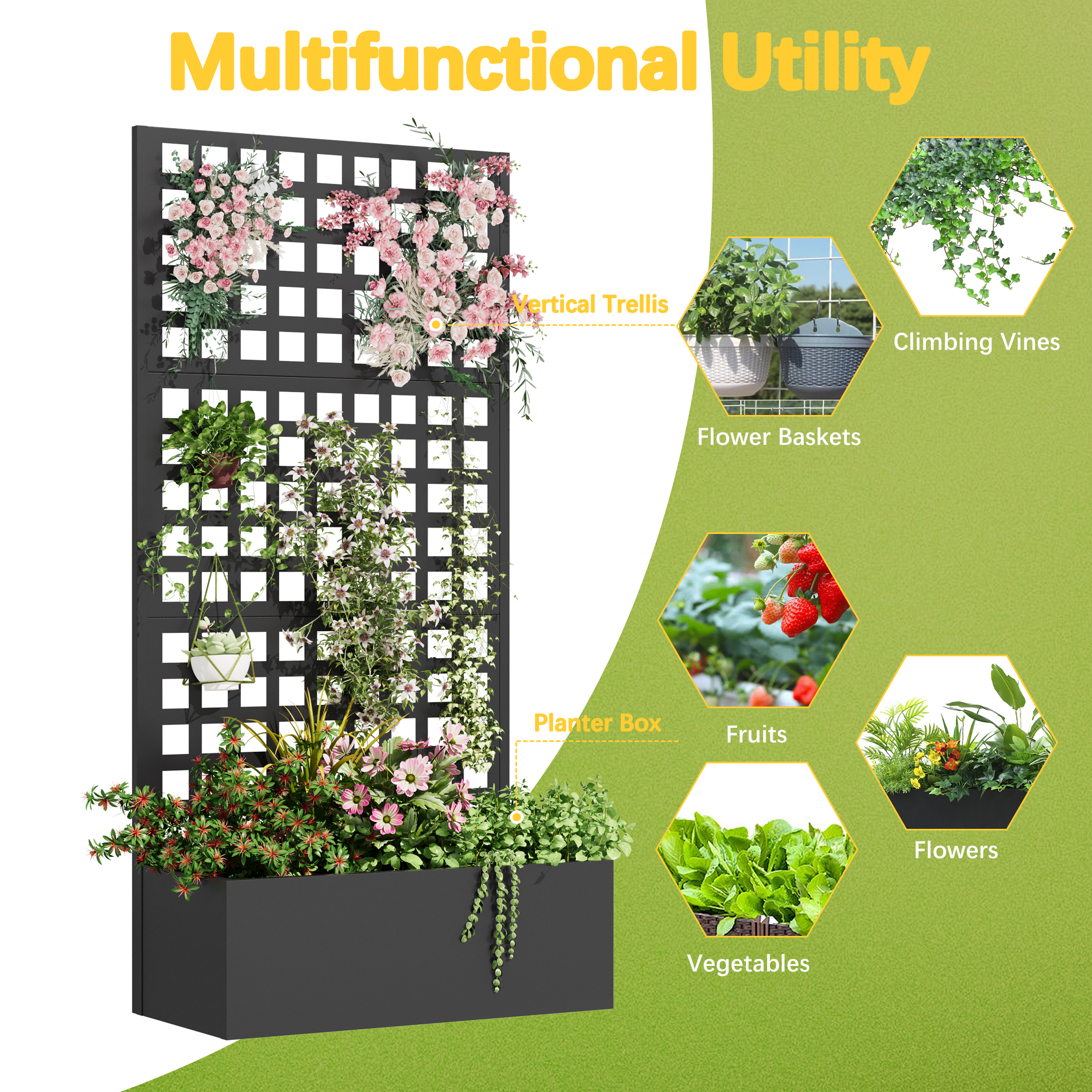 HOMREST Metal Planter Box with Trellis, 71"x 35"x 16" Raised Garden Bed with Trellis, Planter Box Trellis with Privacy Screen and Drainage Holes, Black