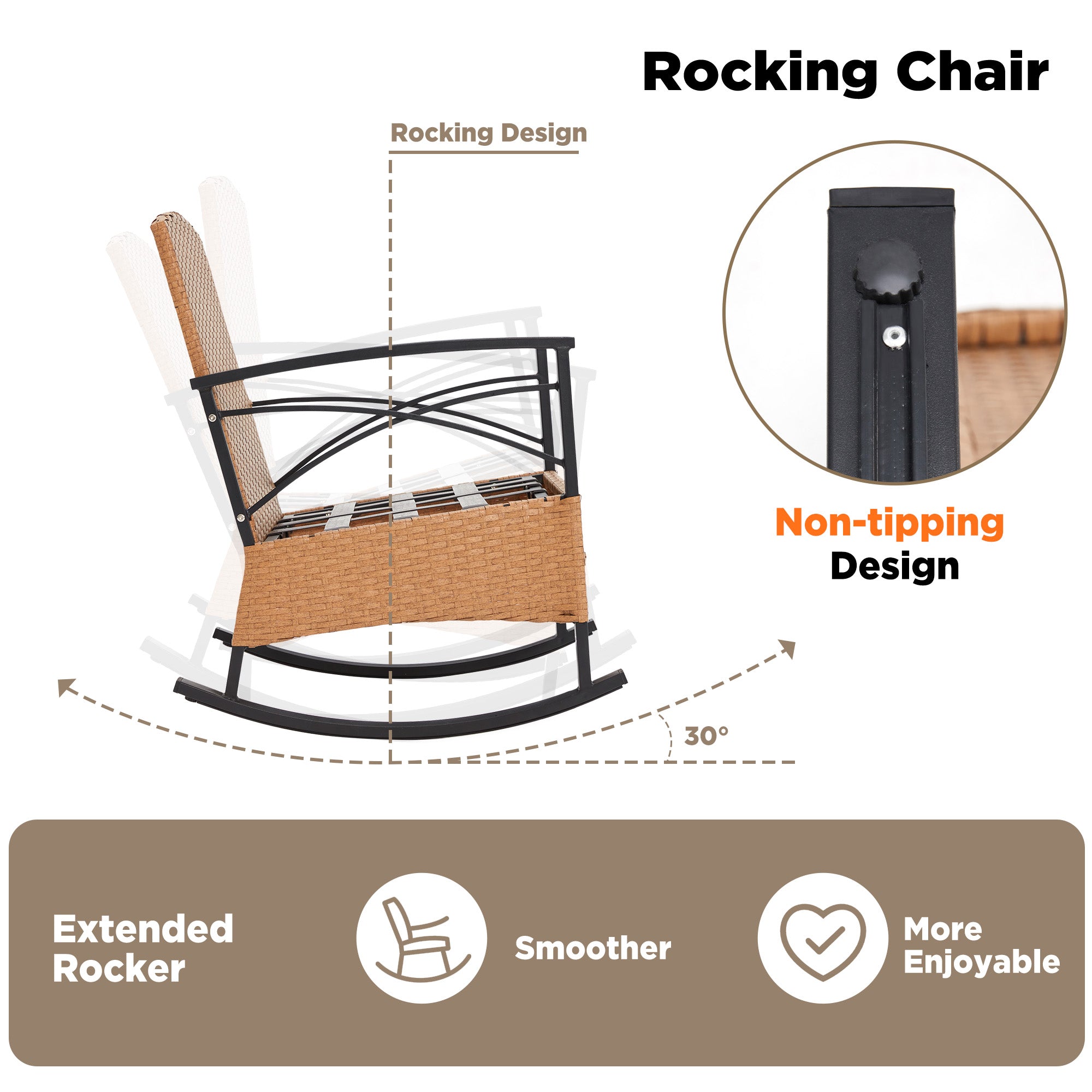 HOMREST 3-Piece Bistro Set: Outdoor Rattan Rocking Chairs with Cushions and Coffee Table