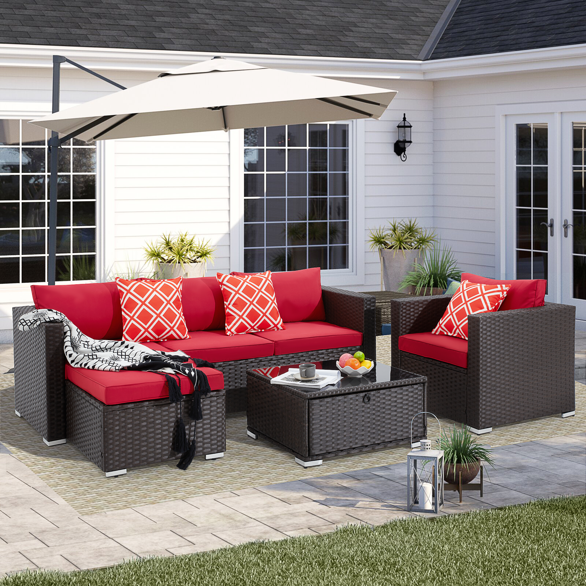 Homrest 4 pieces wicker rattan outdoor sectional sofa, patio conversation sets with storage tempered glass coffee table for garden, lawn, balcony, wine red