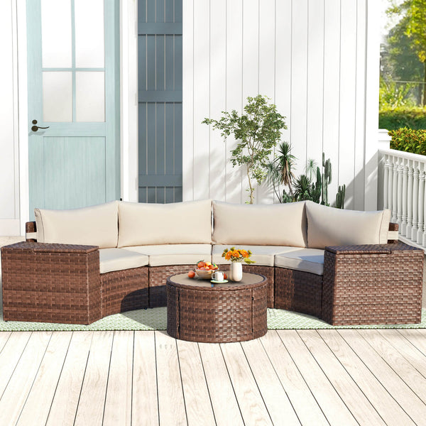 HOMREST Outdoor Patio Furniture Set, 7-Piece Half-Moon Wicker Patio Sofa Set with Storage Table, Brown & Beige