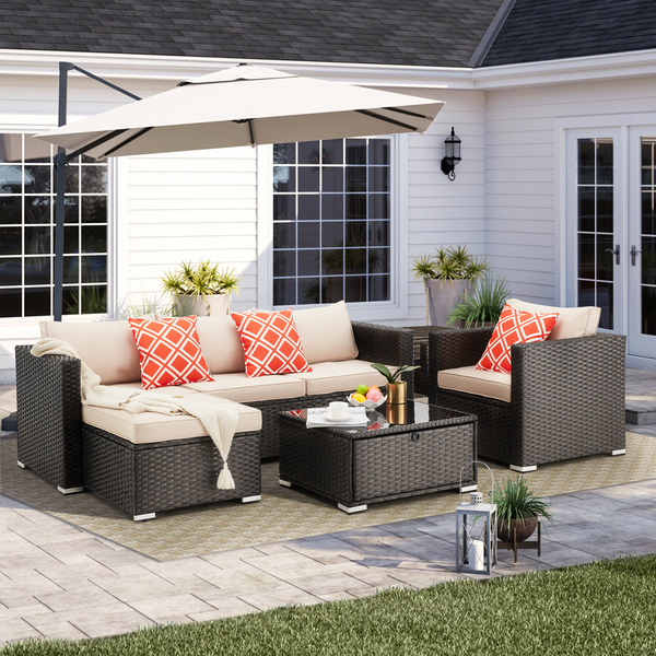Homrest 4 pieces wicker rattan outdoor sectional sofa, patio conversation sets with storage tempered glass coffee table for garden, lawn, balcony, khaki