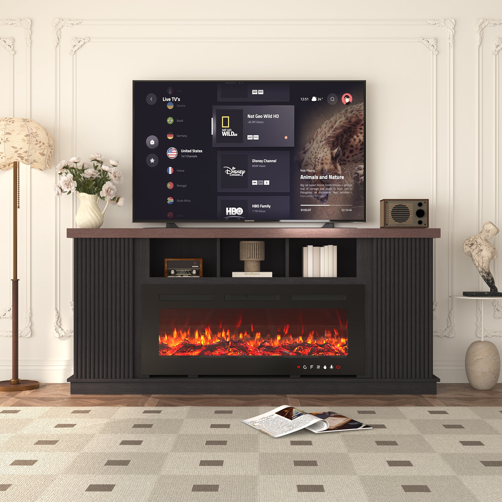 HOMREST 70" TV Stand with Electric Fireplace,Living Room Fireplace TV Stand, Dark Walnut Color