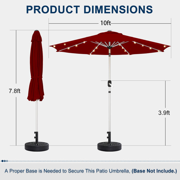 Homrest 10FT Solar Lighted Patio Umbrella, Fade-Resistant Outdoor Umbrella with Tilt, 8 Aluminum Ribs Burgundy
