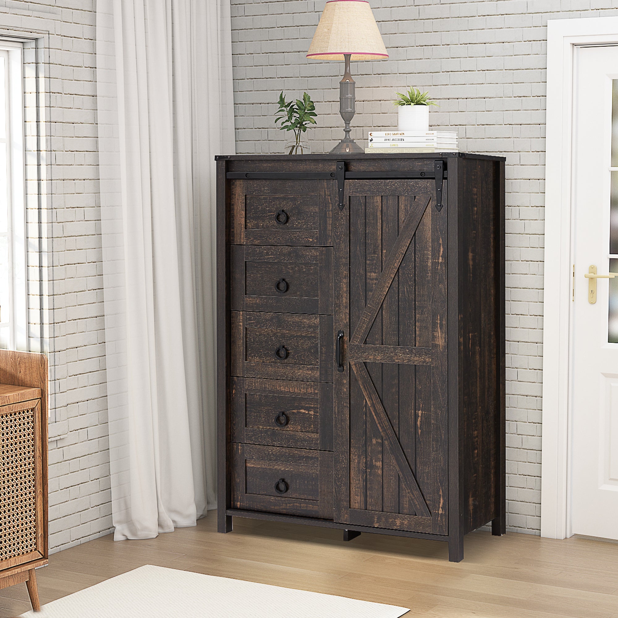 HOMREST Farmhouse 48" Tall Chest of Drawers, Wooden Closet Dresser with Sliding Barn Door, Storage Organizer Dresser for Living Room, Hallway, Antique