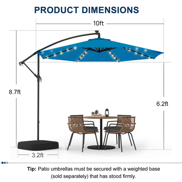 Homrest 10ft Solar Lighted Patio Umbrella with Base, Outdoor Cantilever Umbrella, Infinite Tilt, Rolay Blue