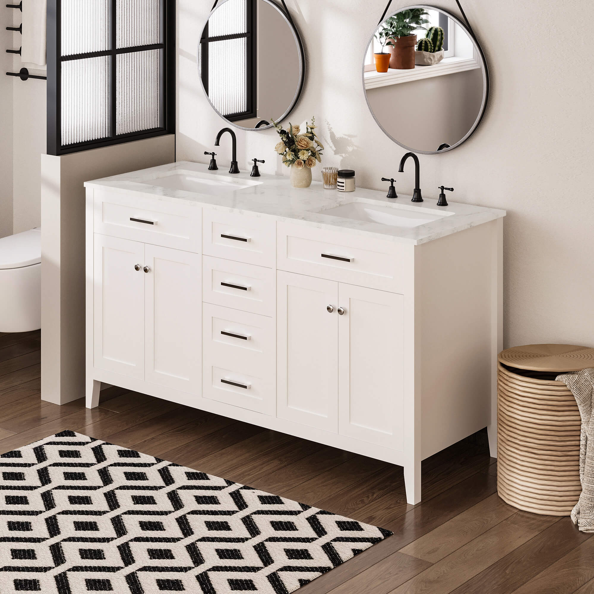 HOMREST 60" Double Bathroom Vanity with Engineered Stone Top, Modern Sink Vanity with Drawers, White