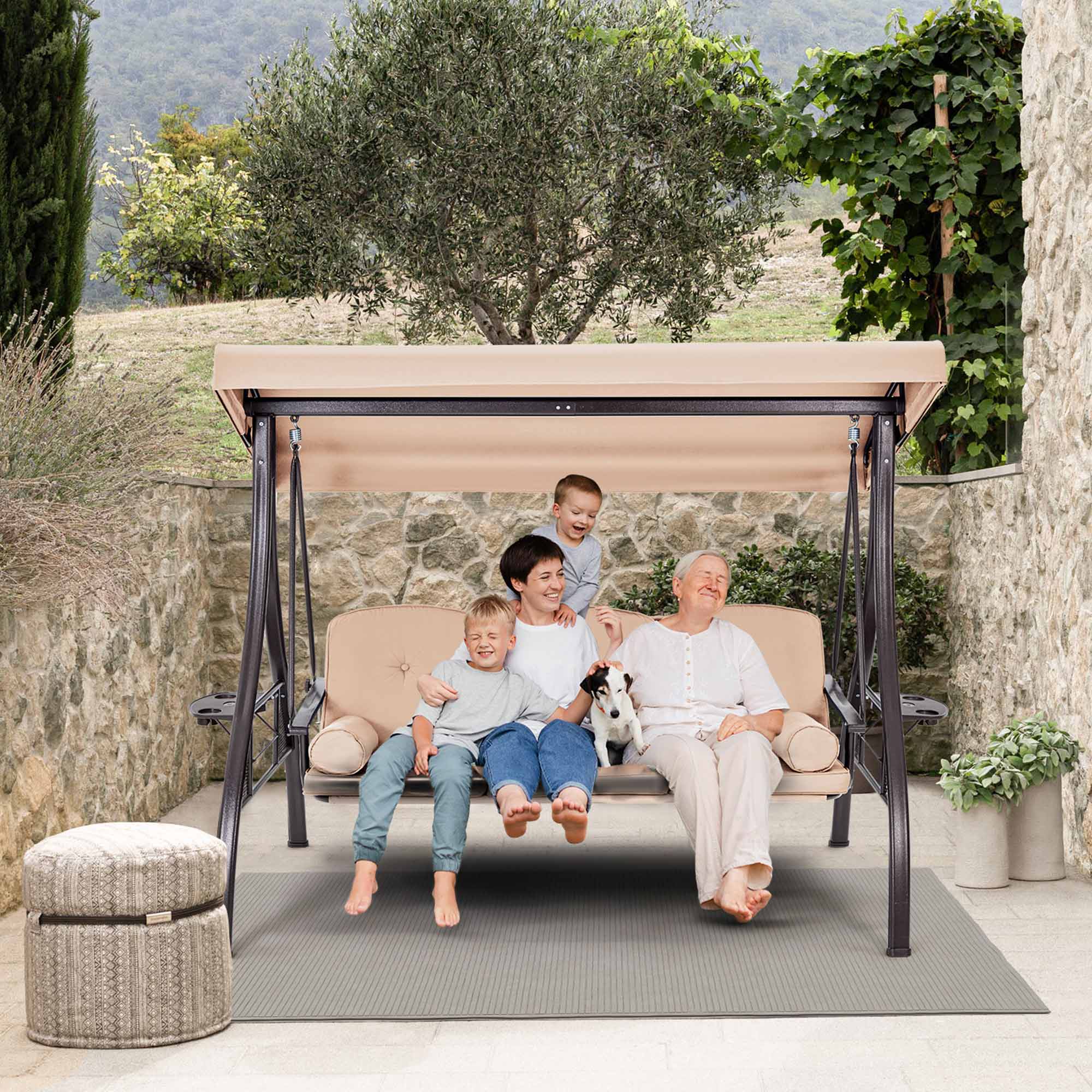 3-Seat Outdoor Porch Swing with Adjustable Canopy and Backrest for Porch, Balcony and Poolside, Khaki | Homrest Furniture