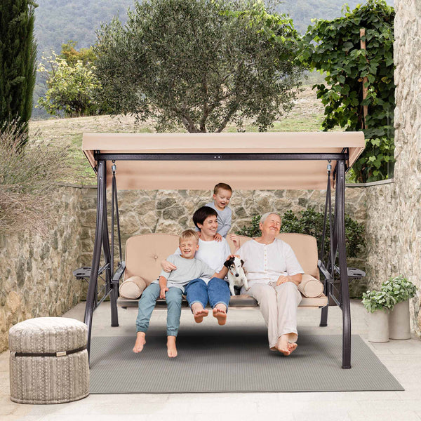3-Seat Outdoor Porch Swing with Adjustable Canopy and Backrest for Porch, Balcony and Poolside, Khaki | Homrest Furniture