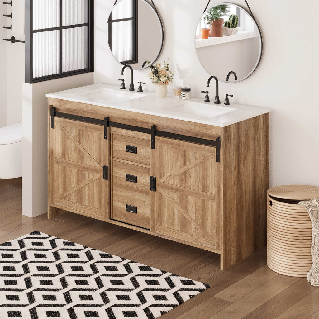HOMREST 60" Farmhouse Double Bathroom Vanity with engineered stone top, Sliding Barn Door Sink Vanity, Brown