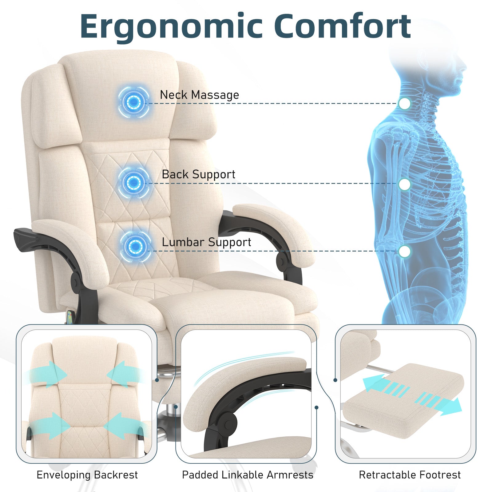HOMREST 6-Point Massage Office Chair with Heat, Ergonomic Reclining Desk Chair with Footrest, Soft Chenille Fabric Executive Chairs for Home Office, Comfortable Computer Chair Gift for Women, Beige