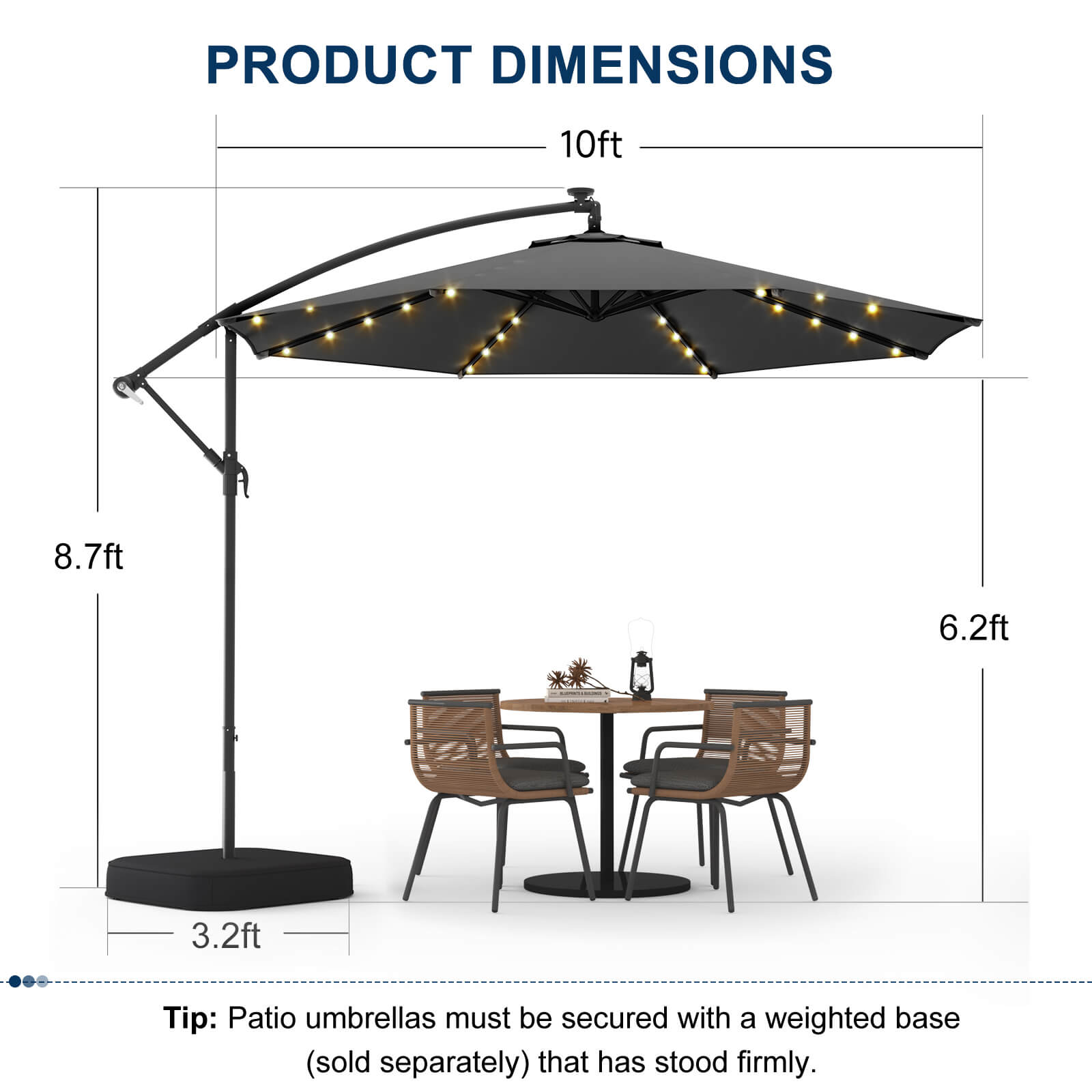 Homrest 10ft Solar Lighted Patio Umbrella with Base, Outdoor Cantilever Umbrella, Infinite Tilt,Grey