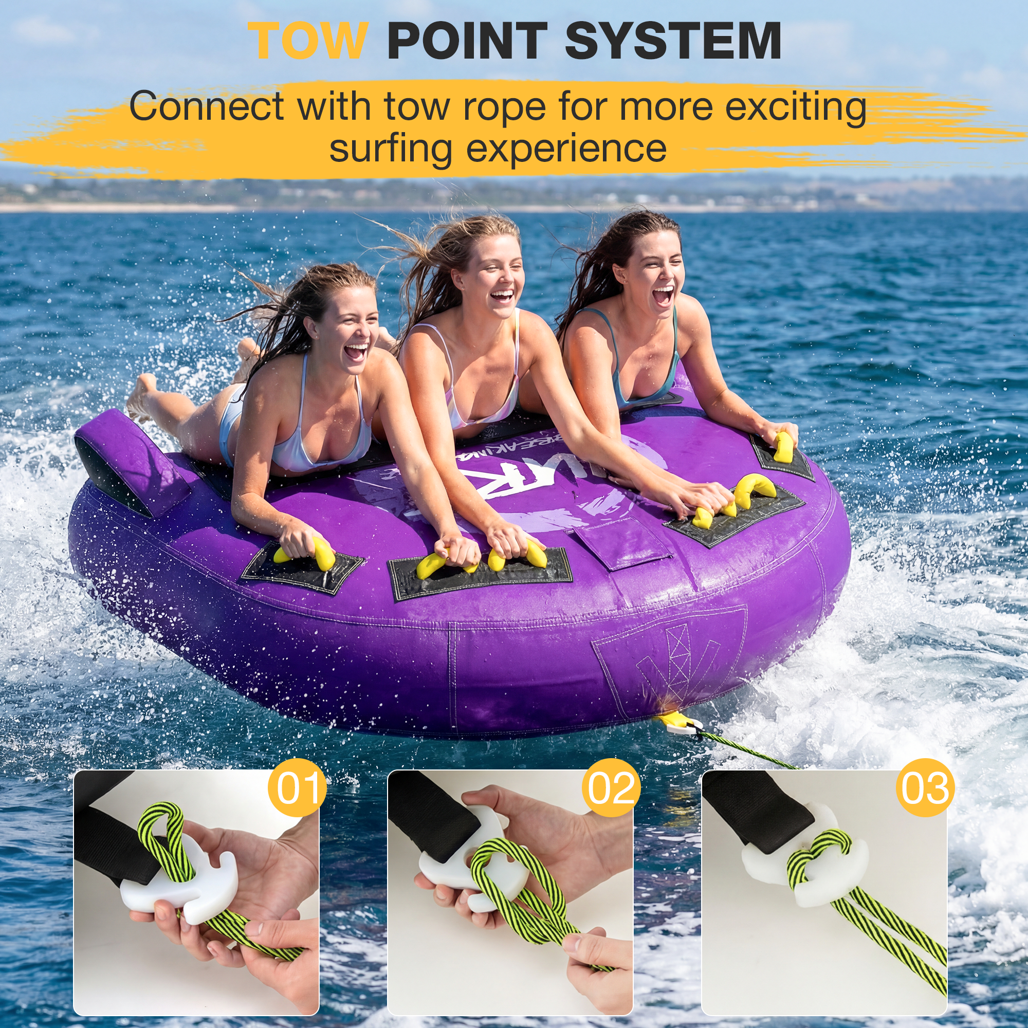 HOMREST 3-Person Deck Towable Tubes for Boating with Winged Side Bolsters and Towable Rope, Padded Bolster Guard Handles & Quick-Connect Tow Point