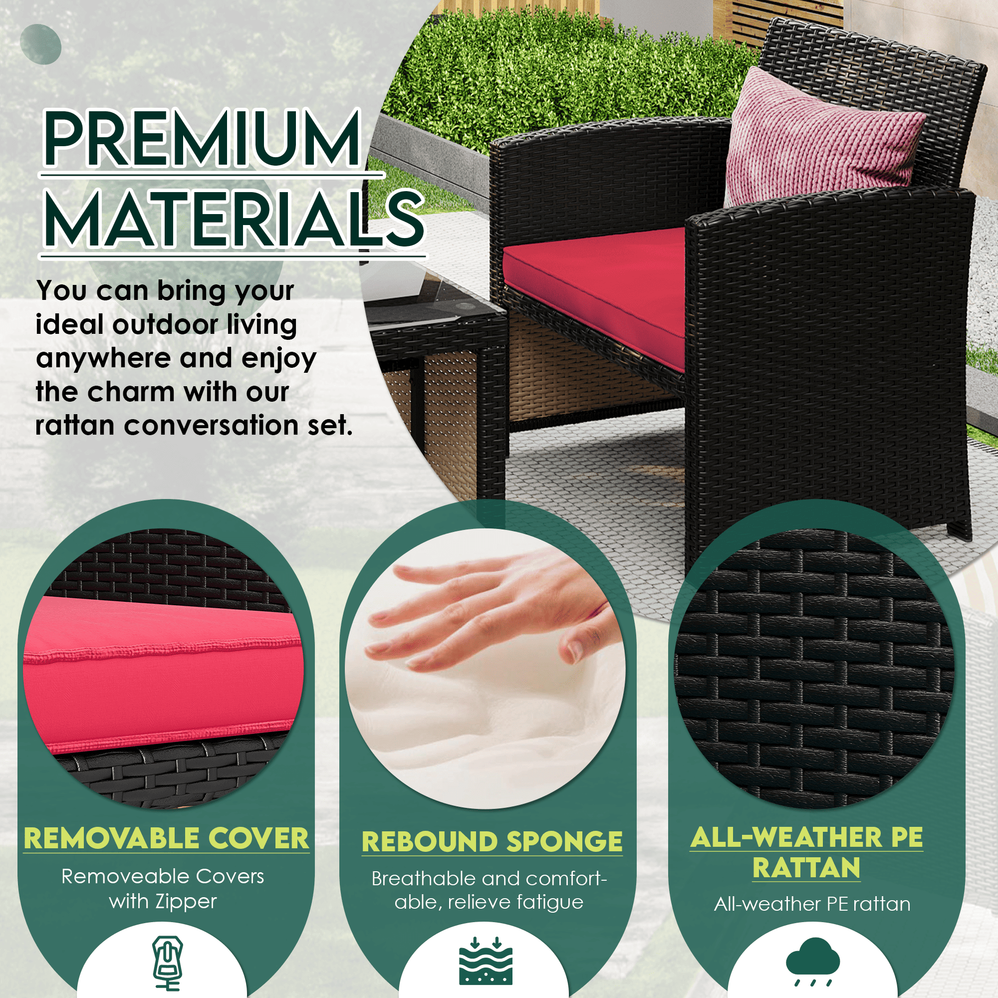 HOMREST 4-Piece Patio Furniture Set, Outdoor Wicker Patio Conversation Set with Cushions, Sofa & Glass Coffee Table, Red