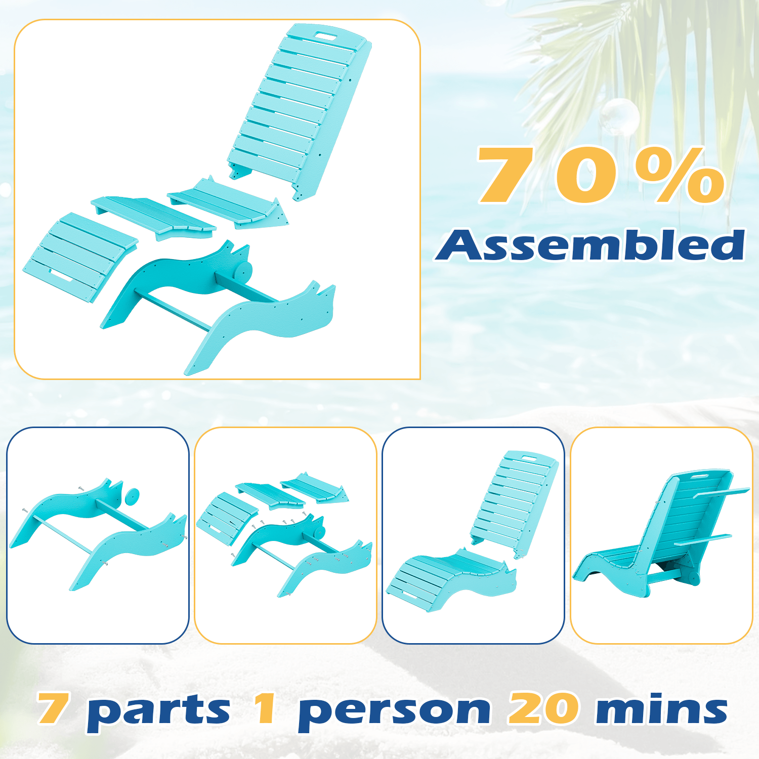 HOMREST HDPE Pool Lounge Chairs Set of 2, In-Pool Chaise with Wheels, S-Shaped, Blue