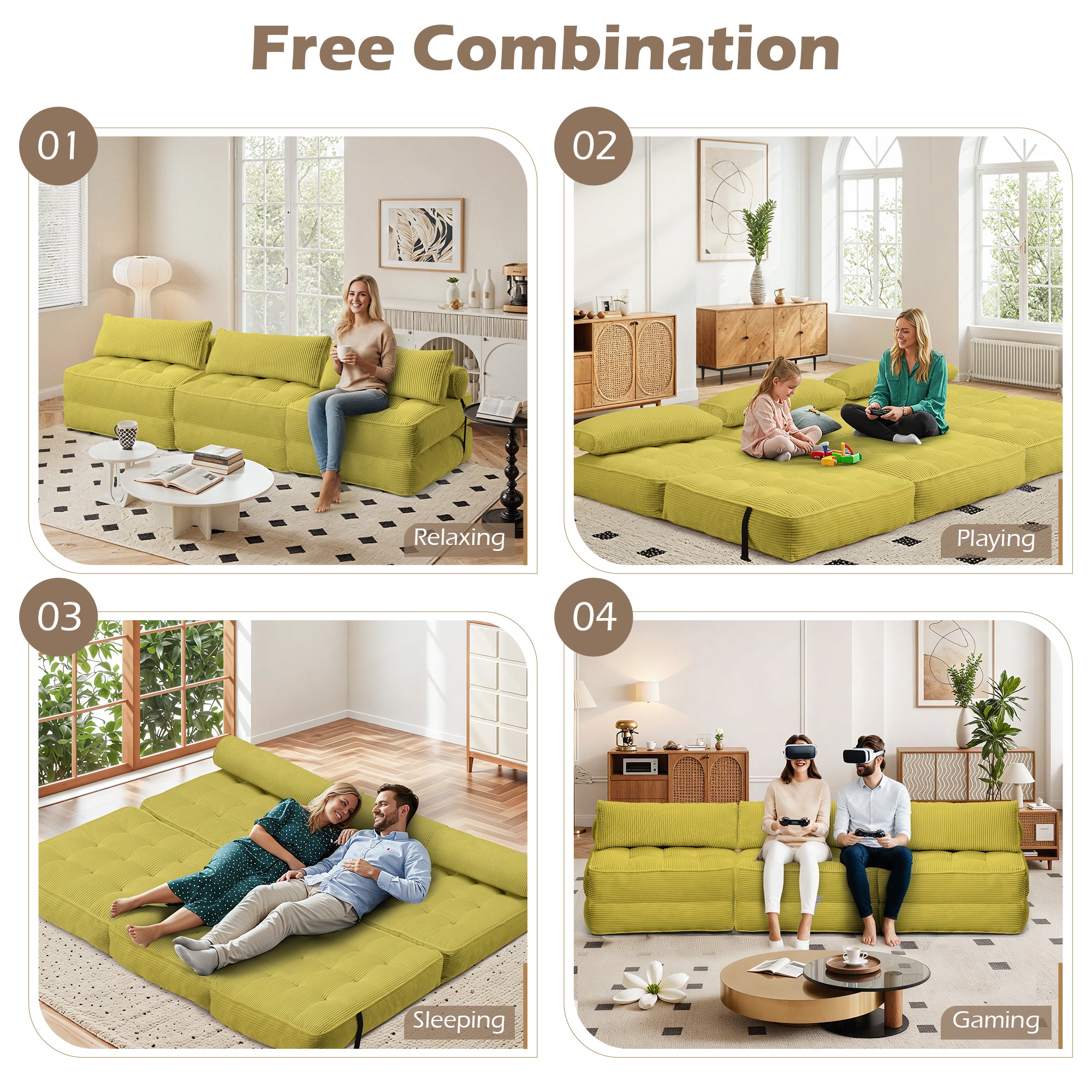 HOMREST 3-Piece Modular Sectional Sofa, Convertible Lounge Set – Foldable Couch Bed, Avocado Green