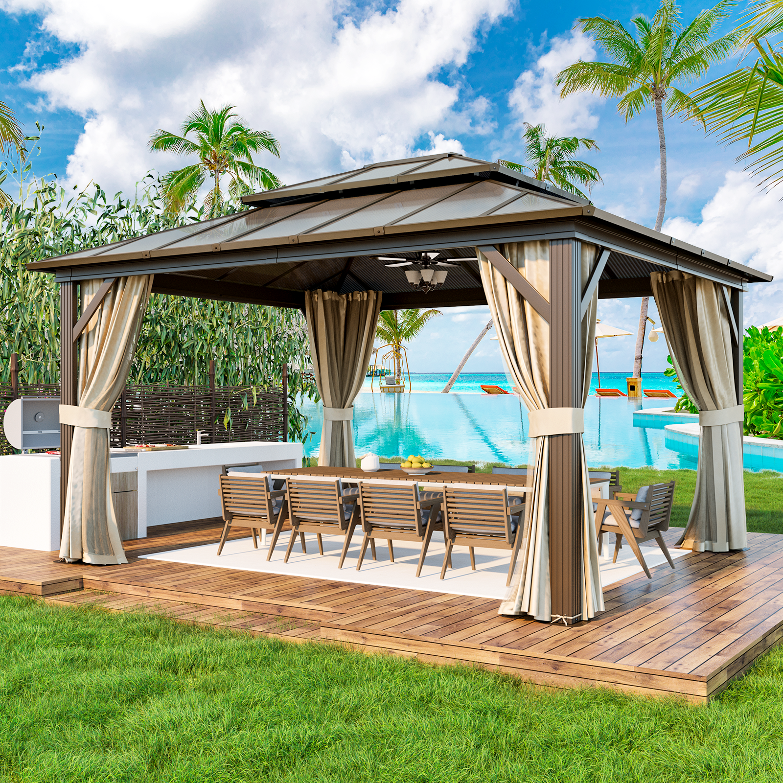 Homrest 12' x 14' Hardtop Gazebo, Outdoor Gazebo with Polycarbonate Vertical Stripe Double Canopy, Aluminum Gazebo with Netting and Curtains for Patios