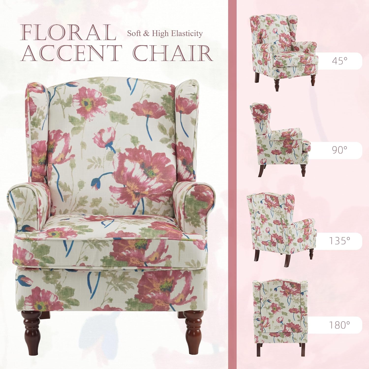 HOMREST Fabric Accent Chair for Living Room Bedroom Reading, Pink Floral