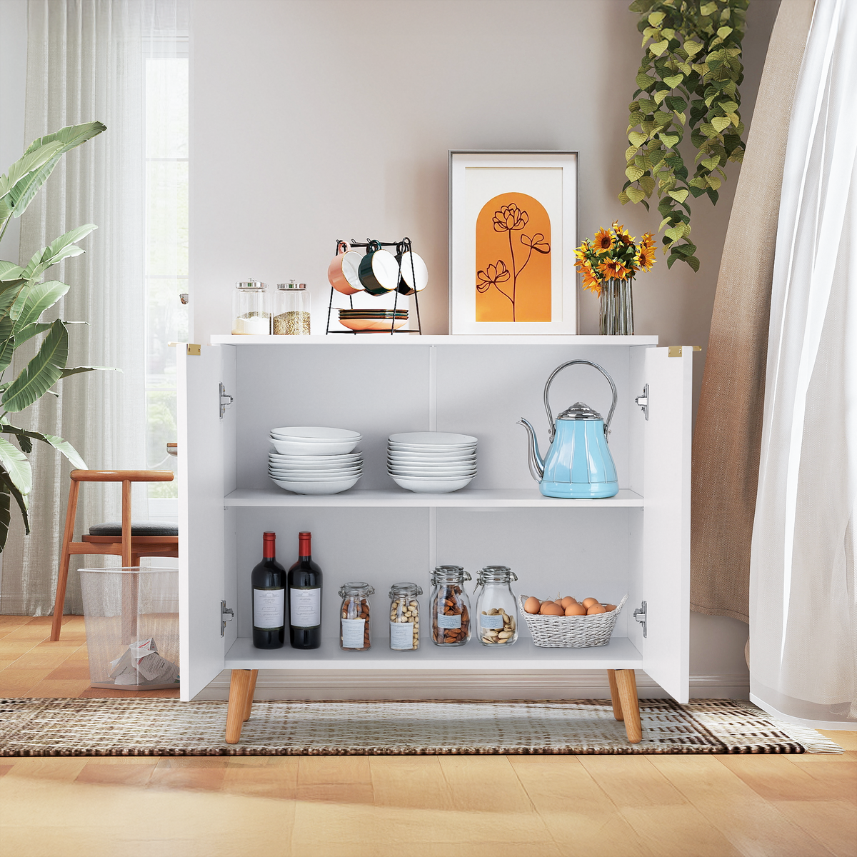 HOMREST Modern Fluted Buffet Cabinet with Storage, Wood Accent Sideboard, White