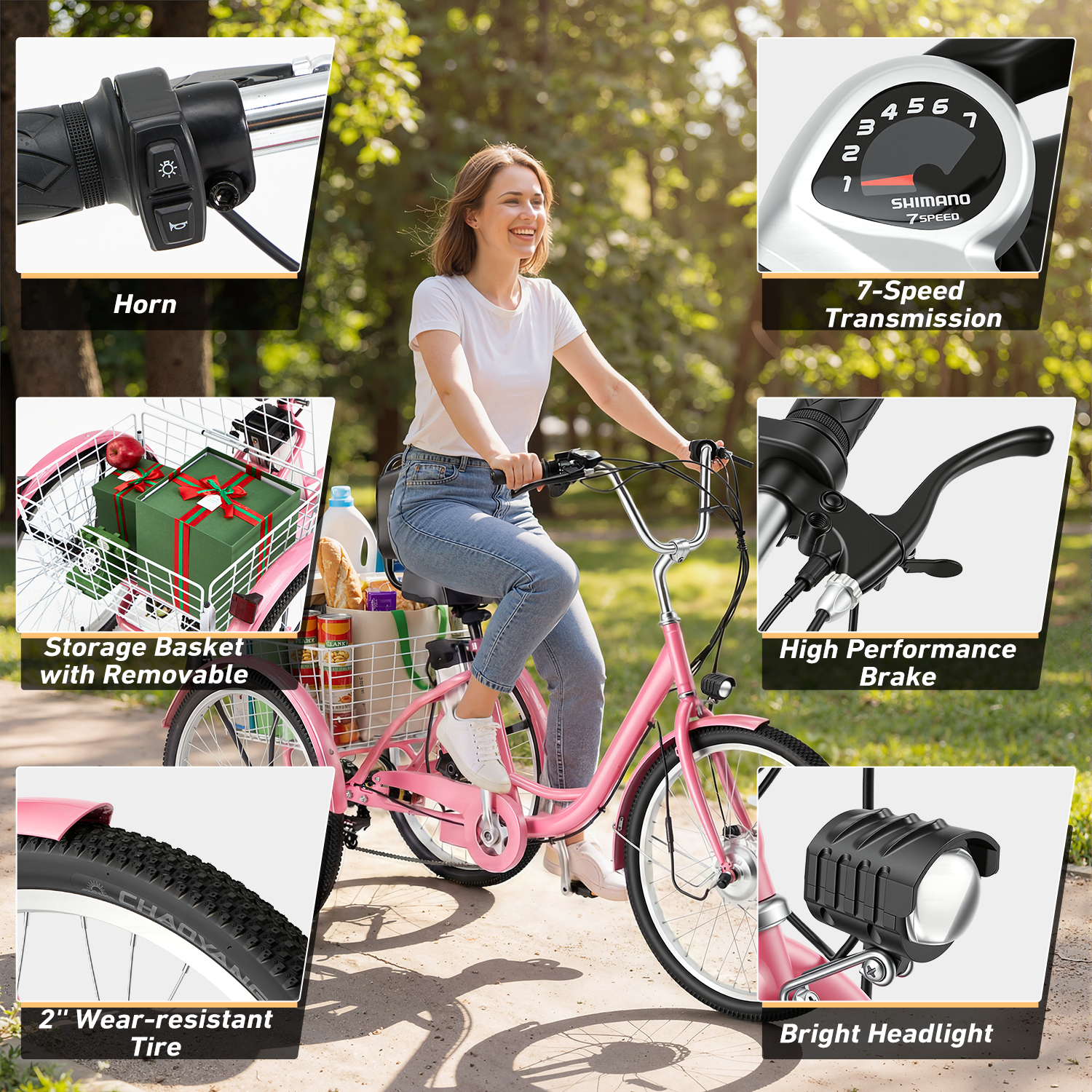 HOMREST Electric Trike for Adults,Peak 500W Brushless Motor, E-Trike with 24" x 2" Tires, Removable Battery, Charger,Step-Thru 3-Wheel Electric Bicycle, Up to 55 Miles Range, 15.5MPH+ Speed, Pink