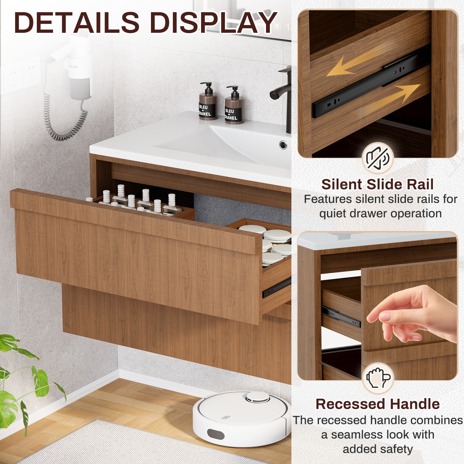 HOMREST 36 Inch Bathroom Vanity with Sink, Floating Bathroom Vanity with 2 Large Storage Drawers, Wood Grain Wall Mounted Bathroom Cabinet, Brown