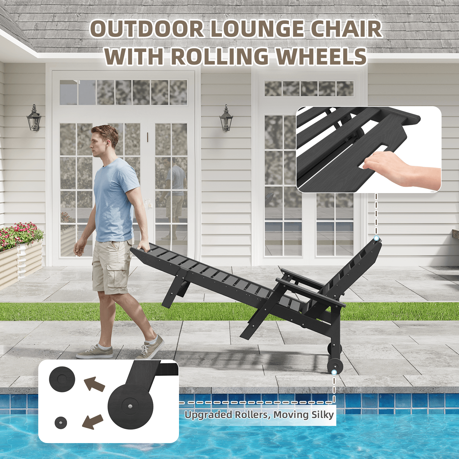 HOMREST 24" W Oversized Chaise Lounge Chairs Set of 2, Adjustable HDPE Outdoor Chairs with Wheels & Cup Holder, Dark Grey