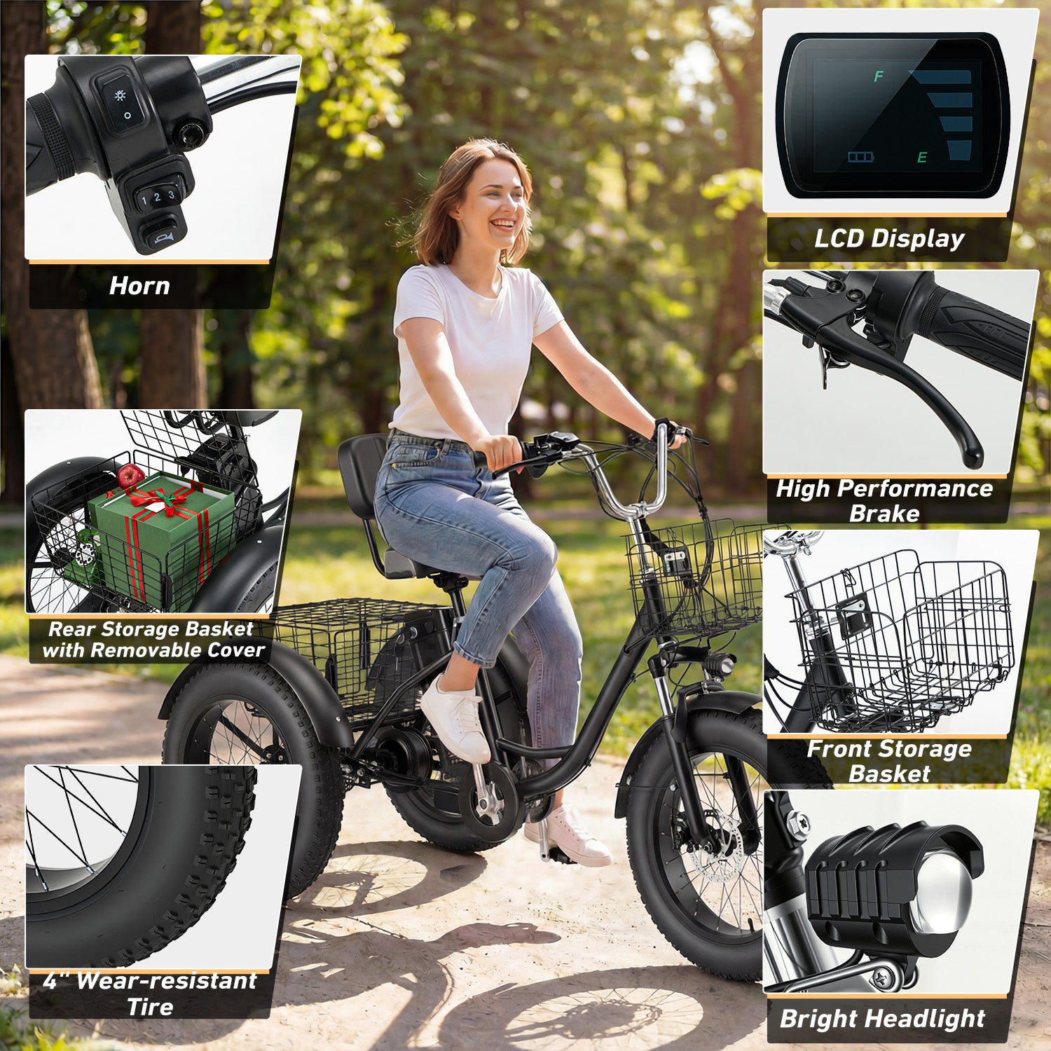 HOMREST Electric Trike for Adults,Peak 750W Brushless Motor, E-Trike with 20" x 4" Tires,LCD Display,Removable Battery, Charger,3-Wheel Electric Bicycle, Up to 70 Miles Range, 20 MPH+ Speed, Black