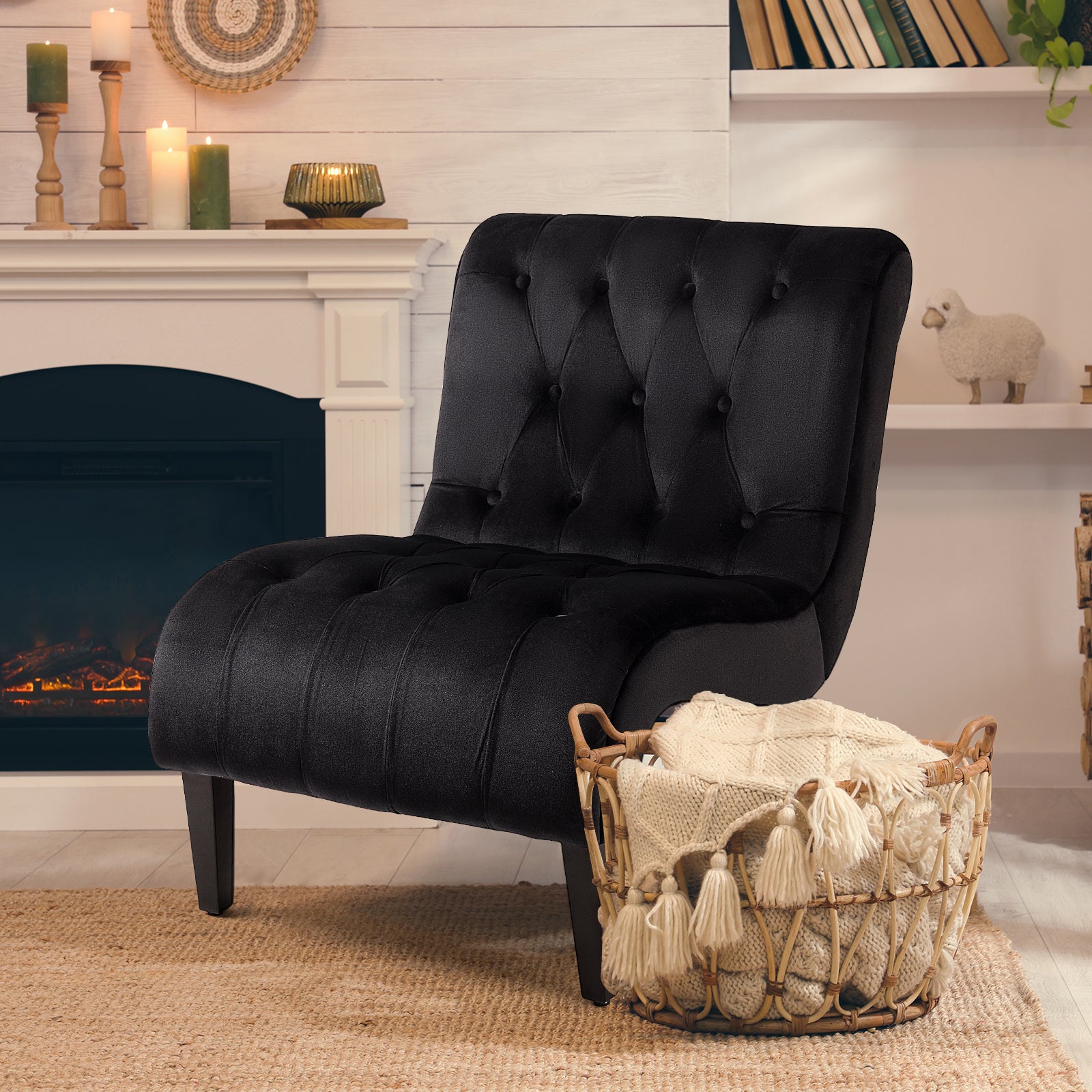 HOMREST Armless Accent Chair, Upholstered Button Tufted Living Room Chairs with Wood Legs, Comfy Frosted Velvet Lounge Chair Reading Chair for Bedroom, Black